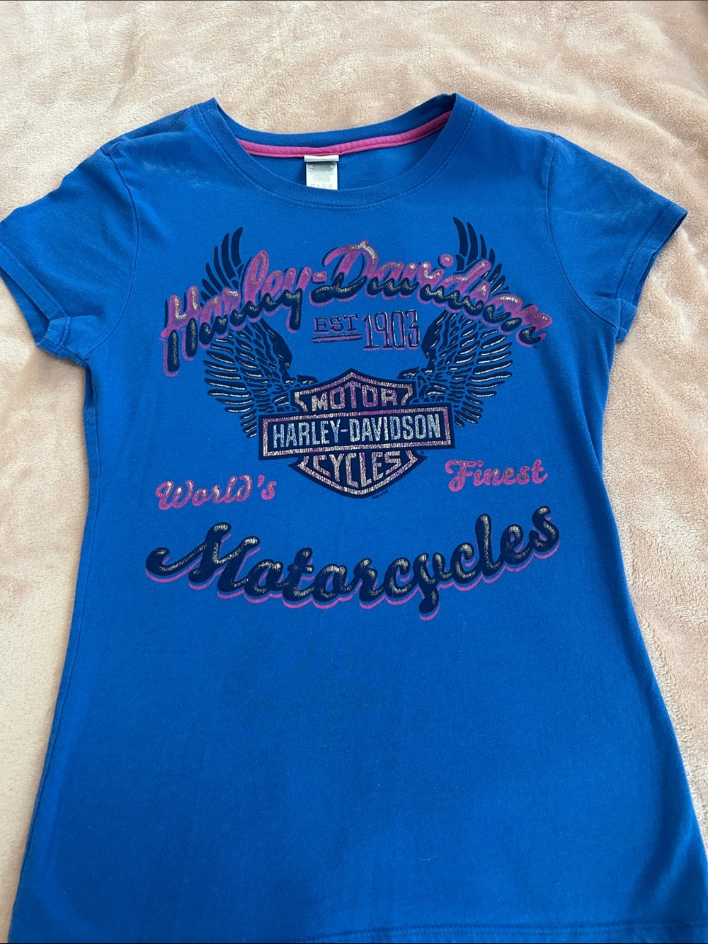 Harley-Davidson Women’s Blue Short Sleeve Tee with Pink Accent Logo